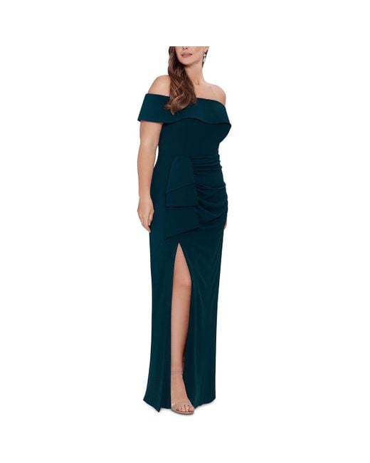 Xscape Blue Plus Off-The-Shoulder Maxi Evening Dress