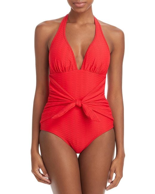 Shoshanna Red Knot-front Halter One-piece Swimsuit