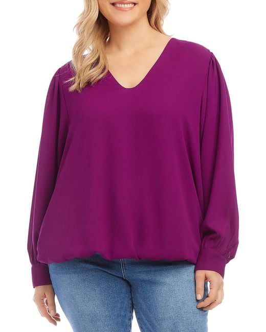 Karen Kane Purple Plus V Neck Long Sleeve Blouse
