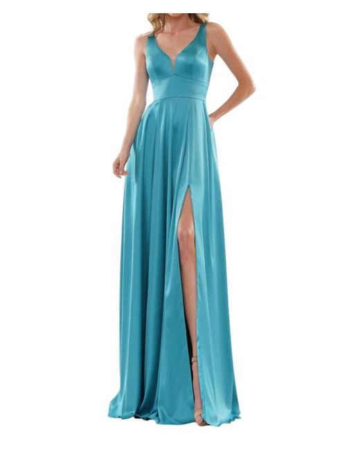 Colors Dress Blue Deep V-Neck Satin A-Line Gown