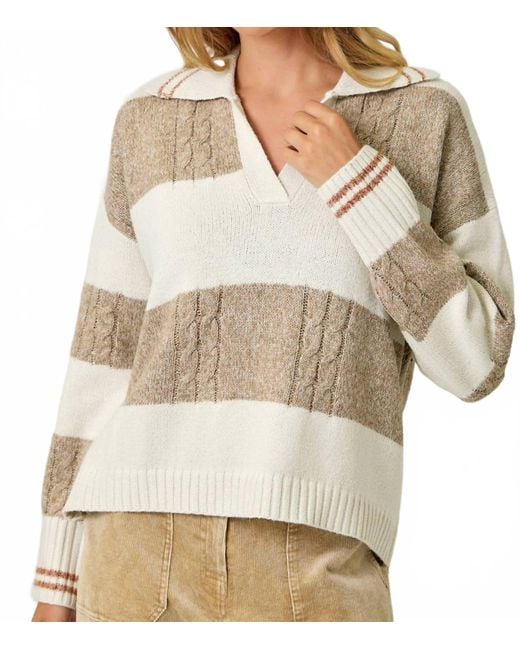 Mystree Natural V-Neck Multistripe Collar Sweater With Hi-Lo Hem