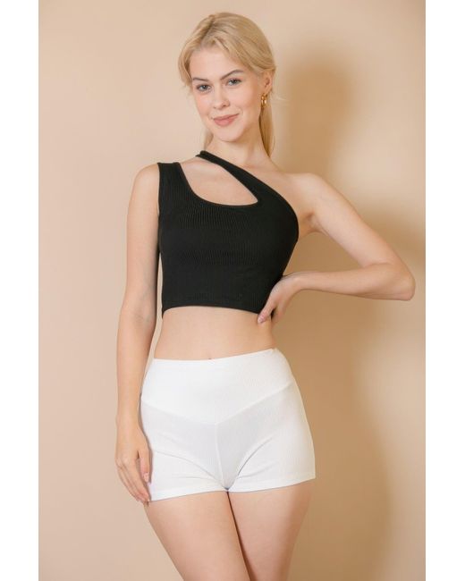 TRUEDAMES Black Ribbed One Shoulder Cross Strap Crop Top