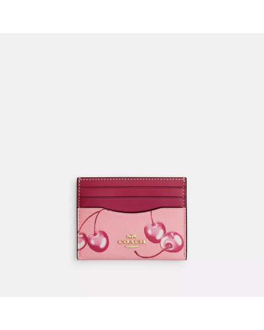 COACH Pink Slim Id Card Case With Cherry Print