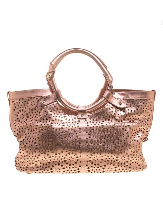 Jimmy Choo Brown Metallic Rose Gold Leather Laser Cut Out Open Tote
