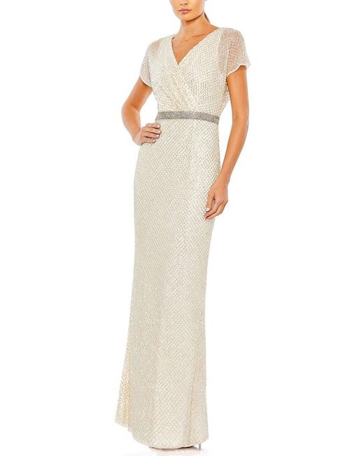 Mac Duggal White Beaded Butterfly Sleeve Column Gown