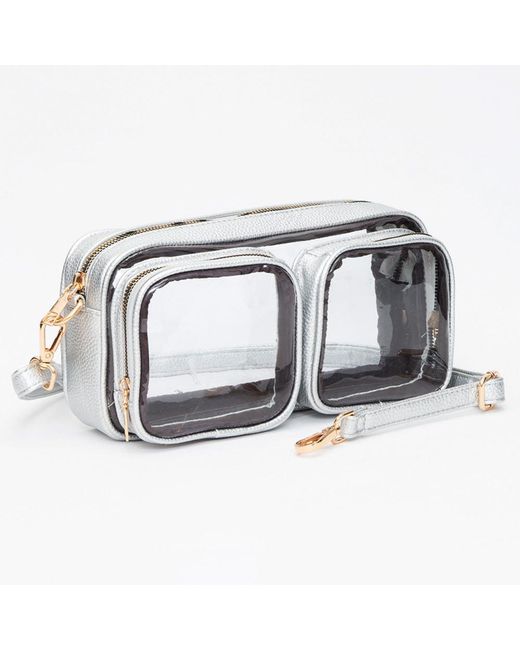 Fashnzfab Metallic Dual Front Pocket Faux Leather Transparent Crossbody Bag