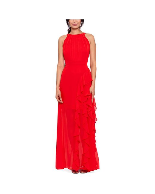 Betsy & Adam Red Petites Halter Maxi Evening Dress