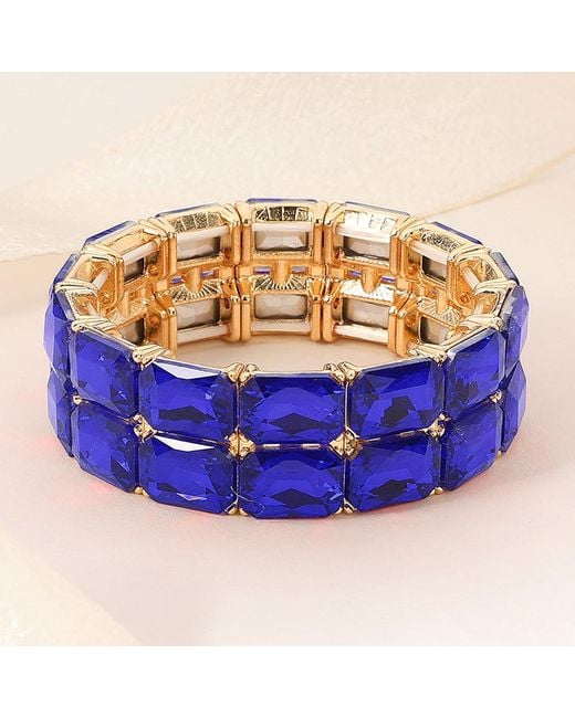 Fashnzfab Purple 2 Row Rectangle Glass Stone Cluster Stretch Evening Bracelet, Sapphire