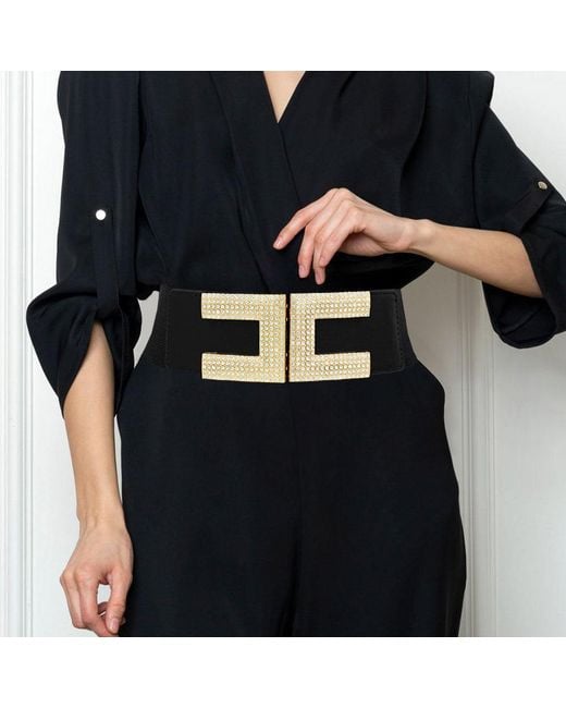 Fashnzfab Women's Black Stone Paved Buckle Elastic Belt