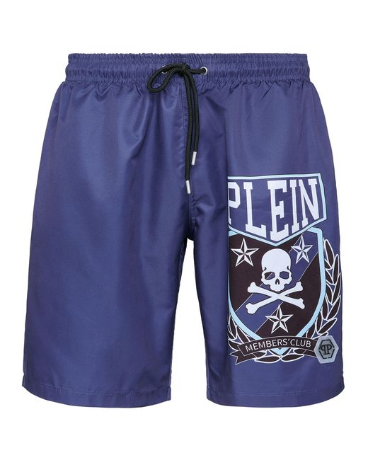 Philipp Plein Blue Long Swim Boxer Skull & Bones for men