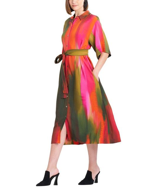 Natori Red Ombre A-line Belted Shirtdress
