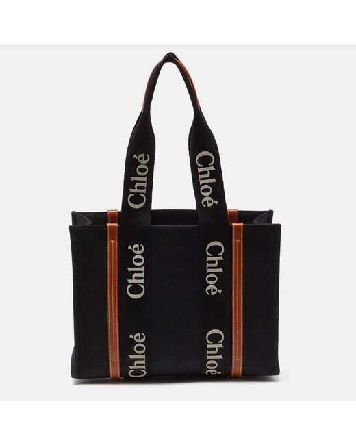 Chloé Black /tan Canvas And Leather Medium Woody Tote