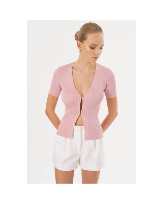 Lamarque Pink Aurelie Rib Knit Short Sleeve Top
