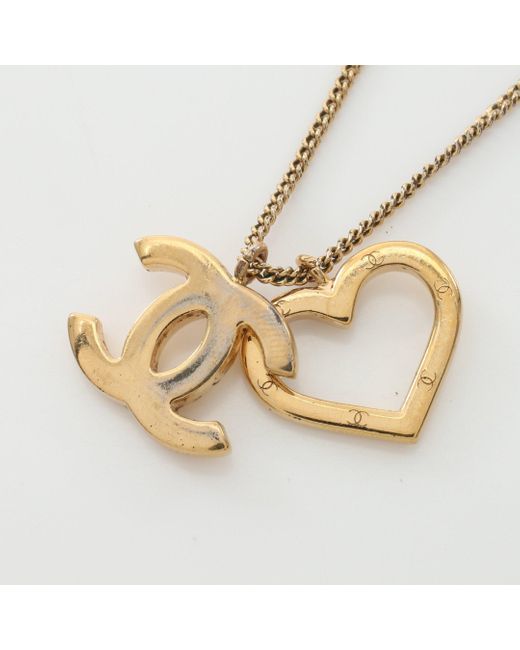 Chanel Metallic Coco Mark Heart Necklace Gp Gold 04p