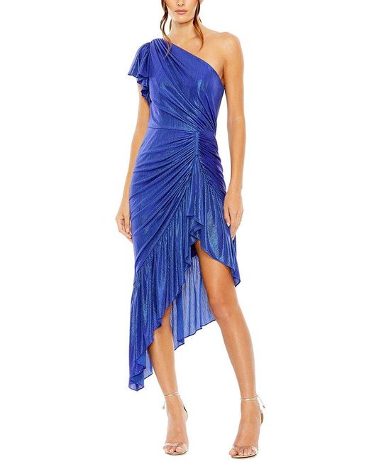 Mac Duggal Blue One Shoulder Flutter Sleeve High Low Dress