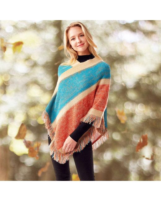 TRUEDAMES Blue Colorful Vertical Stripe Patterned Poncho