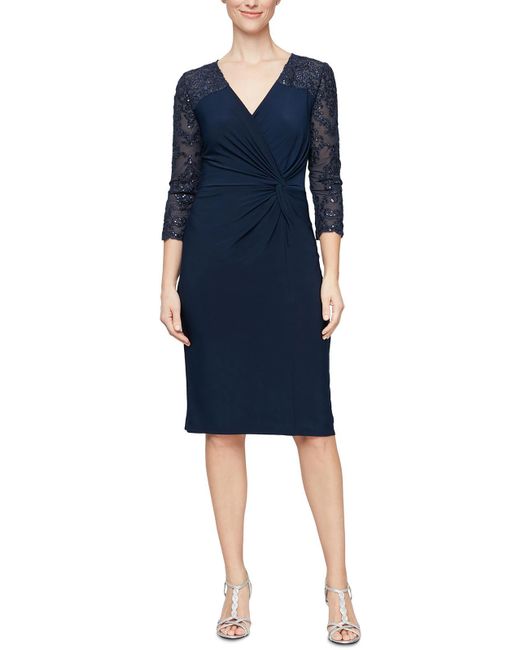 Alex Evenings Blue Jersey Lace Cocktail And Party Dress