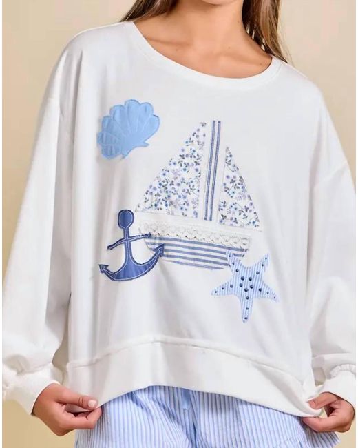 Main Strip Blue Sailboat Patchwork Sweatshirt