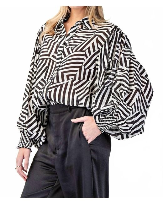 Eesome Black Printed Bubble Sleeve Button Down Top