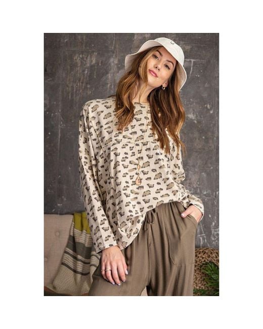 TRUEDAMES Brown Leopard Printed Garment Dye Loose Fit Knit Top