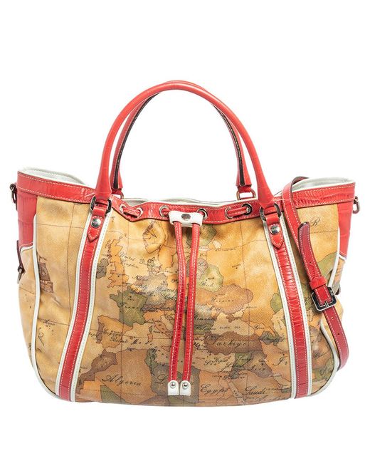 Alviero Martini 1A Classe Red Tan Geo Print Coated Canvas And Leather Drawstring Shoulder Bag