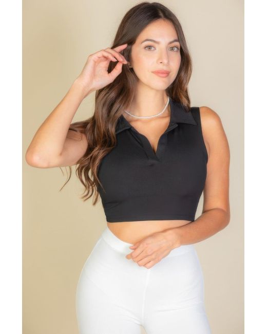 TRUEDAMES Black Solid Ribbed Polo Neck Tank Top
