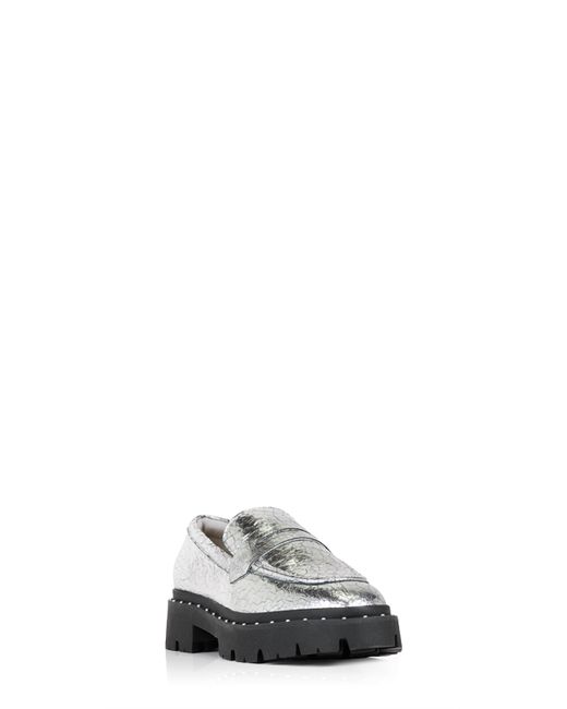 SCHUTZ SHOES White Christie Studs Crackled Leather Loafer