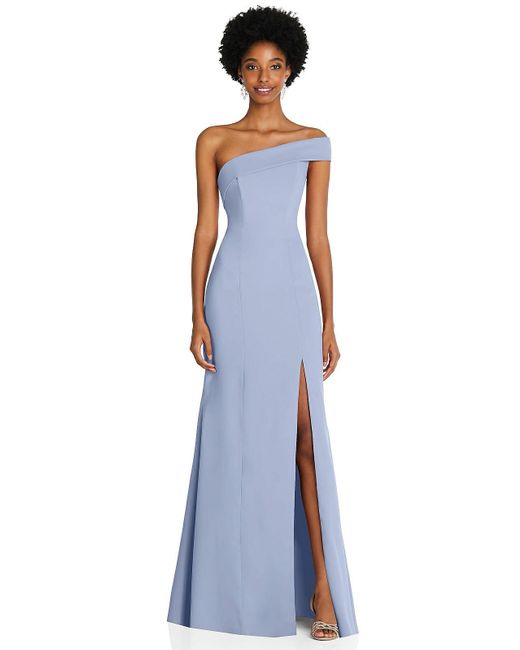 After Six Blue Asymmetrical Off-the-shoulder Cuff Trumpet Gown With Front Slit
