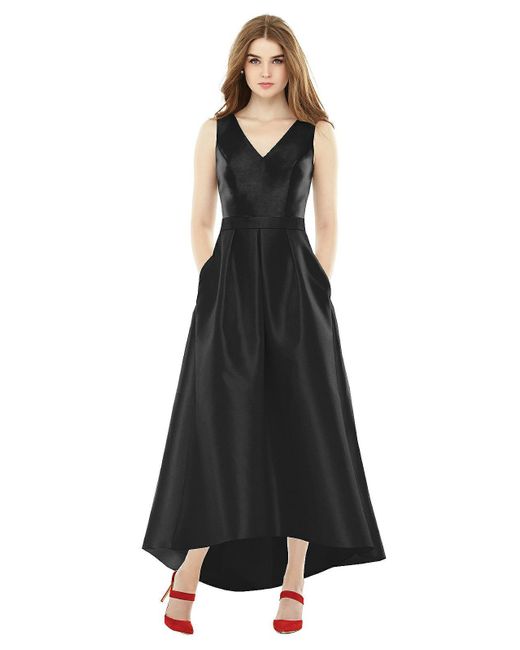 Alfred Sung Black Sleeveless Pleated Skirt High Low Dress With Pockets
