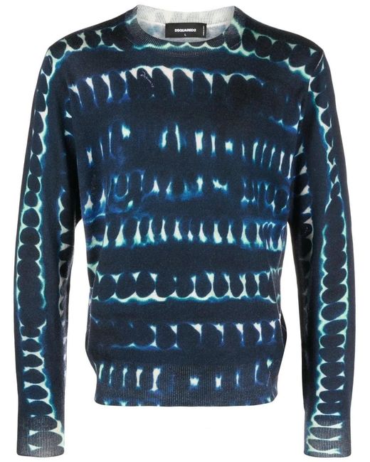DSquared² Blue Sweater Tie-Dye Wool Crew Neck Long Sleeve Red08 for men