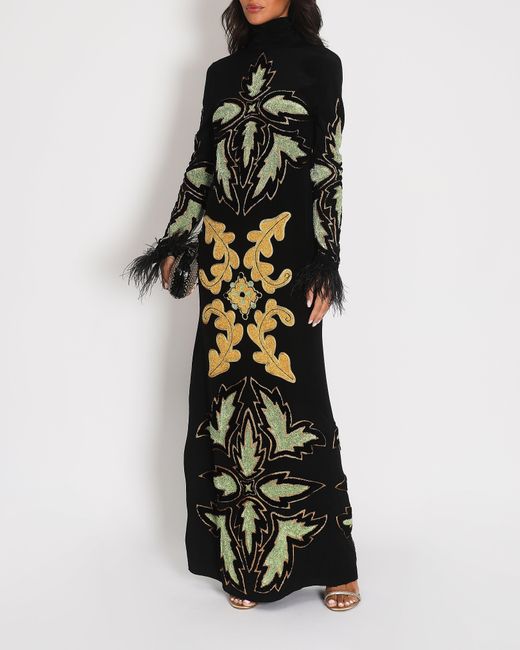 Johanna Ortiz Black , Uzbek Appliquéd Feather Trimmed Silk Maxi Dress