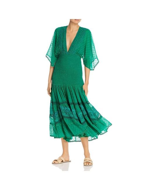 Hemant & Nandita Green Cleo Smocked Crochet Midi Dress
