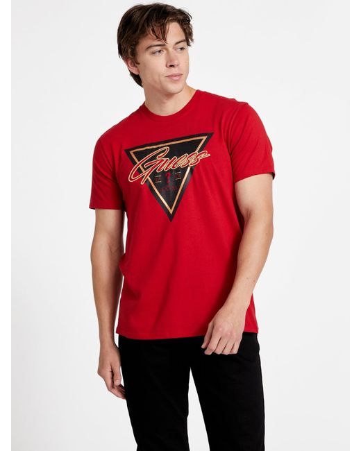 Guess Factory Red Eco Teague Triangle Logo Tee for men
