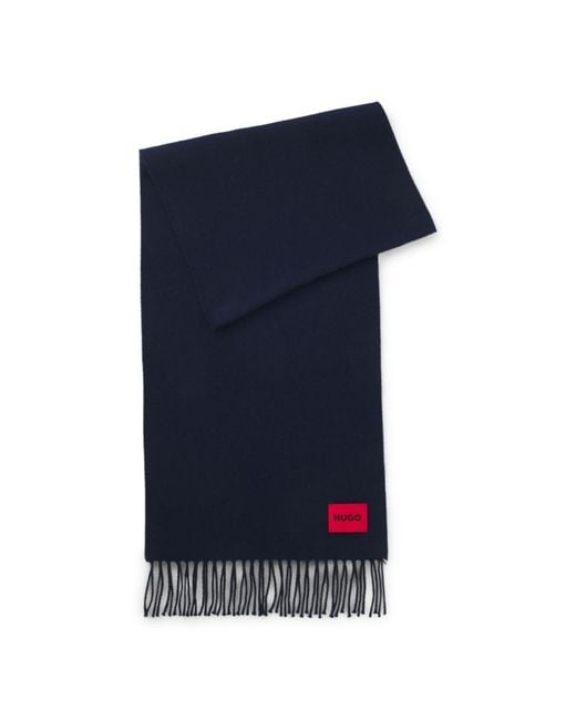 HUGO Blue Wool-Twill Scarf With Twisted Fringes for men