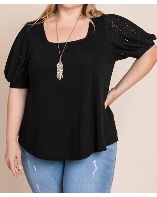Emerald Collection Black Eyelet Bubble Sleeves Solid Knit Top
