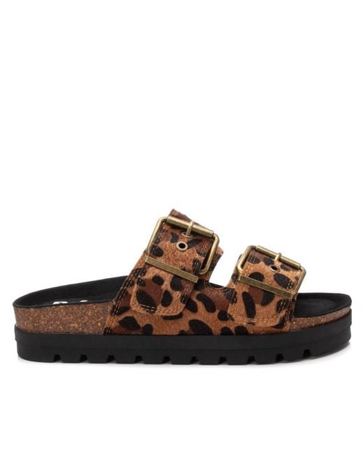 Xti Brown Textured Platform Sliders Sandals