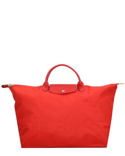Longchamp Red Le Pliage Green Small Top Handle Canvas & Leather Travel Bag