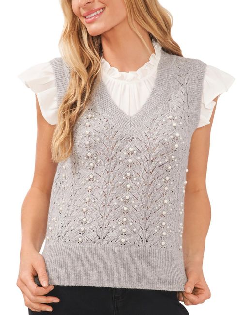 Cece Gray Ruffled Neck Embellished Pullover Top