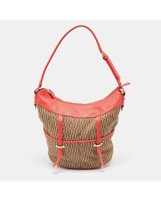 Aigner Red Coral/brown Monogram Canvas And Leather Bucket Bag