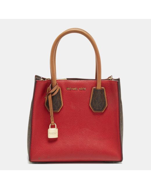 Michael Kors Red Tri Color Signature Coated Canvas And Leather Small Mercer Tote