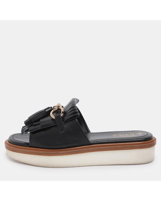 Tod's Women's Black Leather Tassel Fringe Detail Platform Slide Sandals