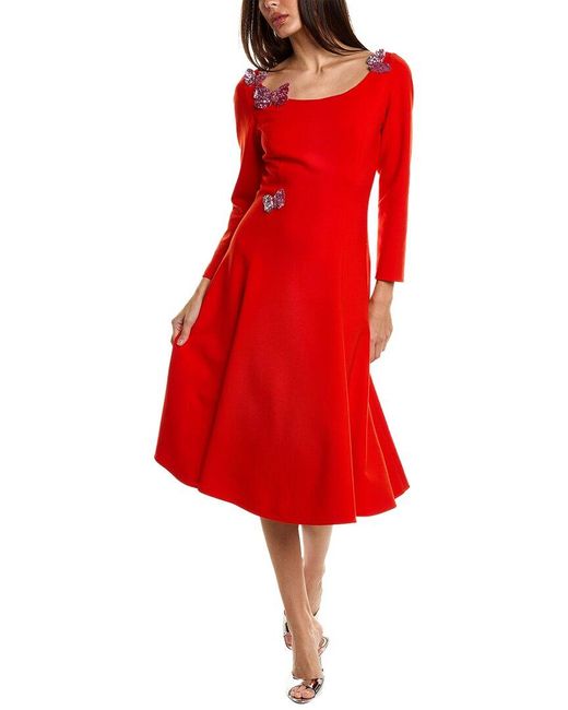 Oscar de la Renta Red Butterfly Applique Silk-lined Wool-blend A-line Dress