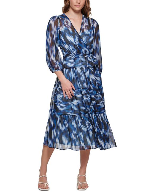 Calvin Klein Blue Patterned V-neck Midi Dress