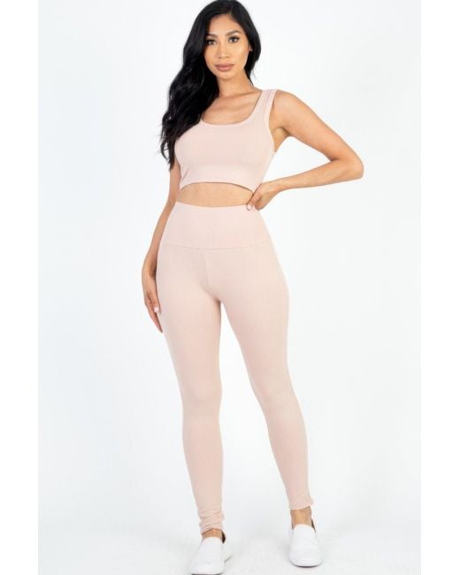 TRUEDAMES Pink Ribbed Crop Top & Leggings Set