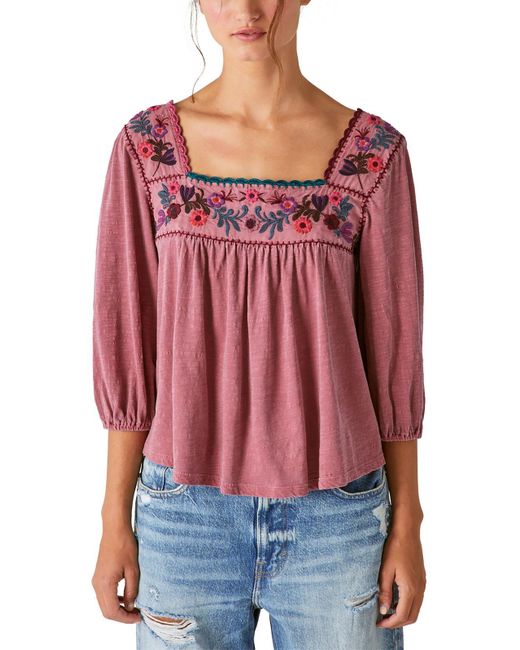 Lucky Brand Red Square Neckline Embroide Peasant Top