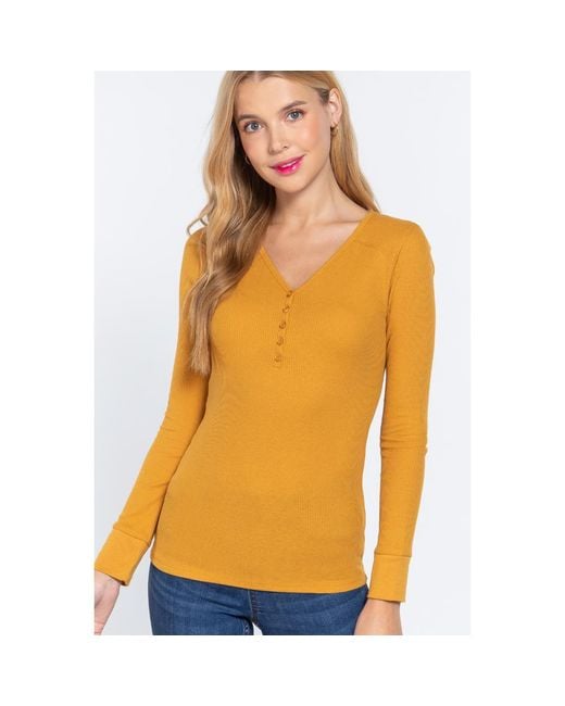 TRUEDAMES Orange Long Slv V-Neck Placket Thermal Top
