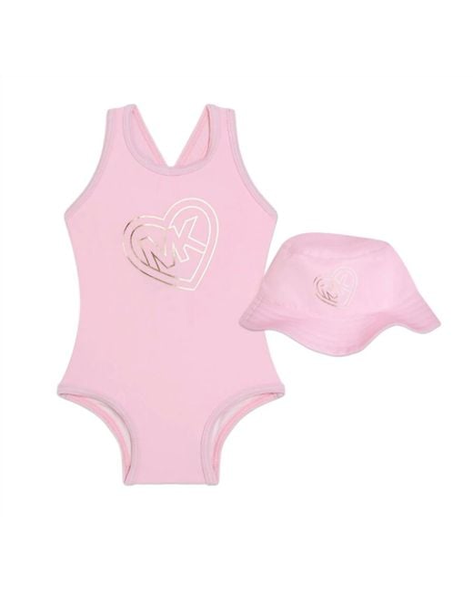 Michael Kors Pink Girls Monogram Print Swimsuit + Hat Set
