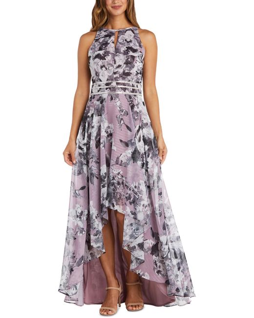 R & M Richards Purple Chiffon Floral Evening Dress