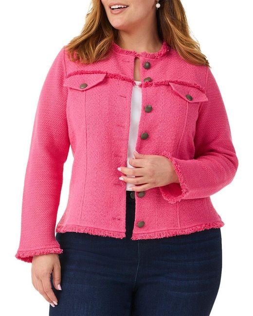 NIC+ZOE Red Plus Utility Fringe Mix Knit Jacket