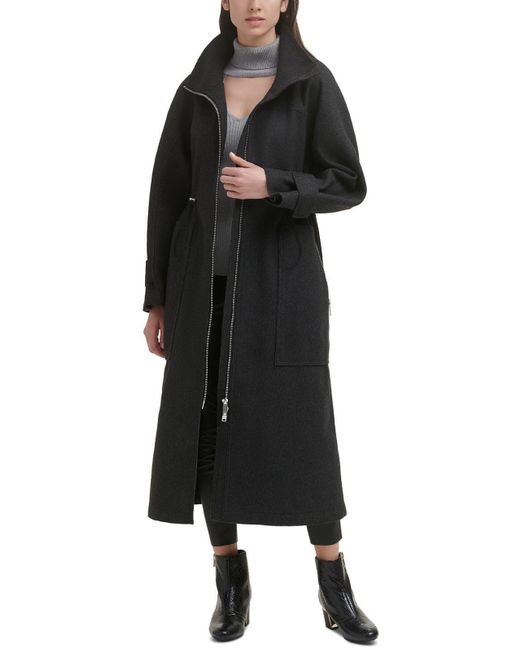 DKNY Black Cinched-waist Zip Front Long Coat
